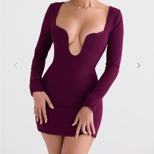 House of CB Deep Plum Long Sleeve Plunge Bodycon Dress